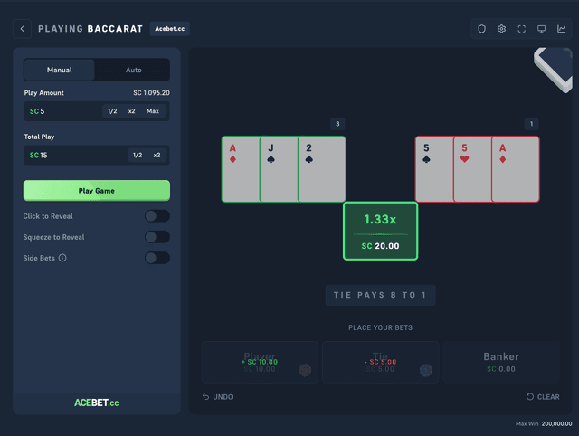 Acebet Baccarat paying 1.33x for SC 20.00 as the Player hand of ace, jack, and 2 totals 3 and beats the Banker's 5, 5, and ace totalling 1