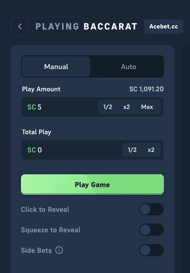 Acebet Baccarat: setting the play amount in SC before placing bets