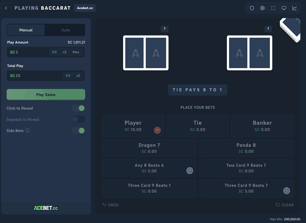 Acebet Baccarat with Side Bets switched on, showing the six extra markets, chips on Any 8 Beats 6 and Three Card 9 Beats 7, and the cards dealt face down for Click to Reveal