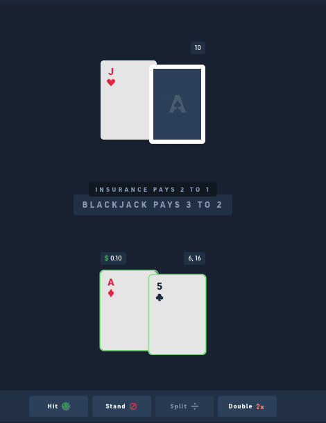 Acebet Blackjack: a dealt hand with the Hit, Stand, Split and Double options