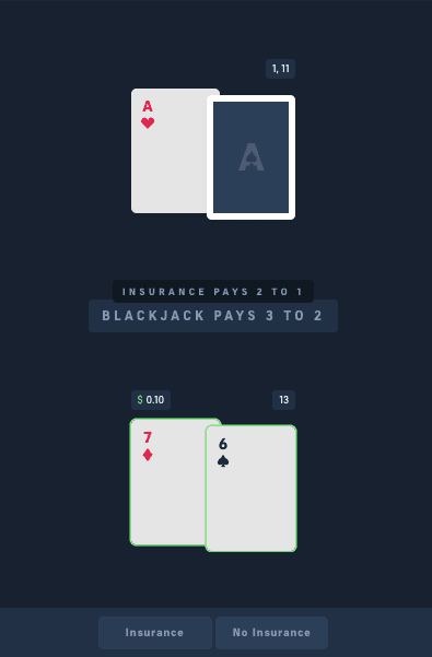 Acebet Blackjack: dealer being dealt an ace and player being offered insurance