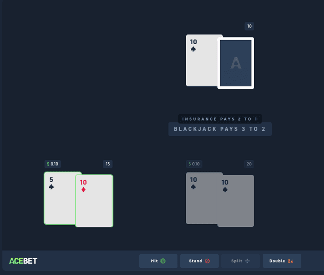 Acebet Blackjack: Multihand mode with three separate hands in play