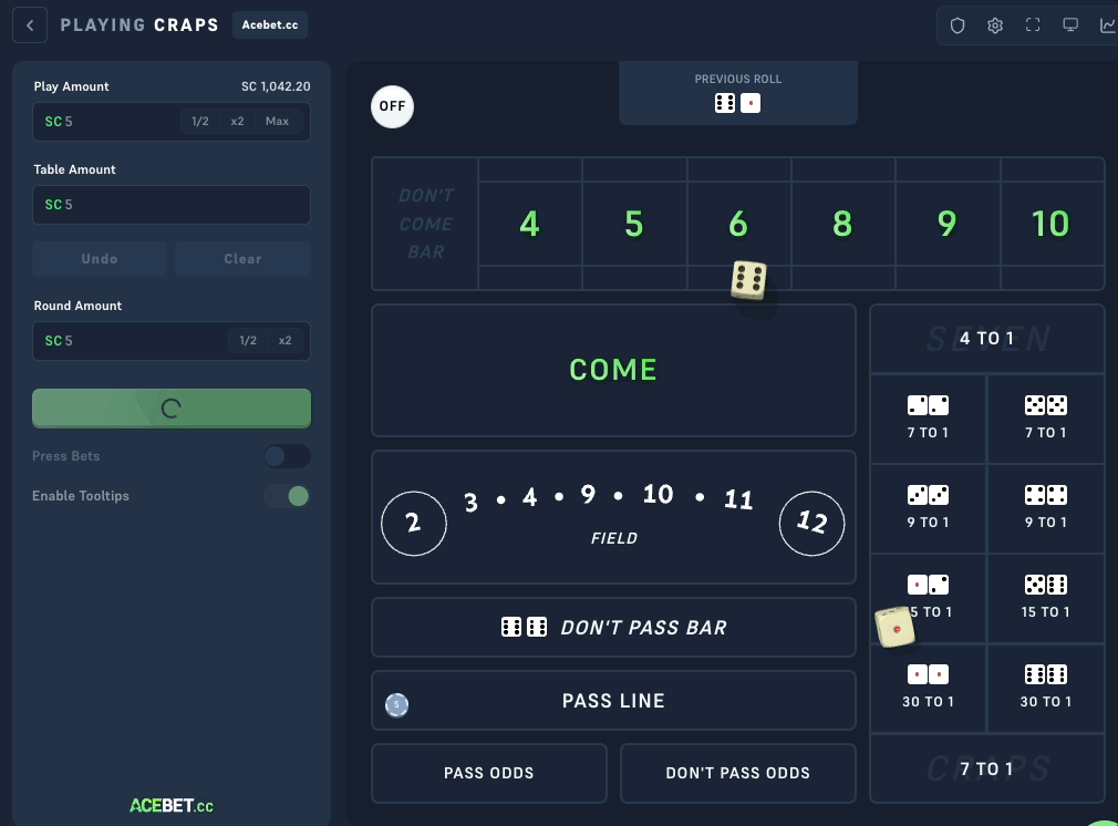 Acebet Craps throwing the come-out roll with the puck showing OFF and both dice in motion across the layout