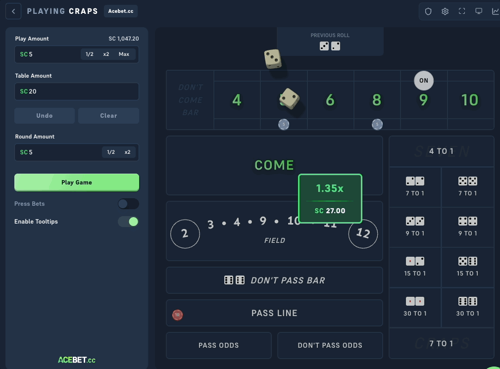 Acebet Craps rolling a 7: closing out a round with a crap-out result
