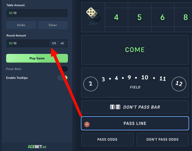Acebet Craps with an SC 10 chip placed on the Pass Line and the Round Amount reading SC 10, ready for the come-out roll