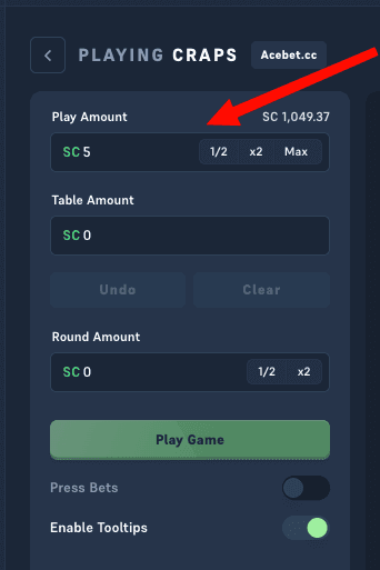 Acebet Craps bet panel with the play amount set to SC 5, and the Table Amount and Round Amount both at zero before any chips are placed