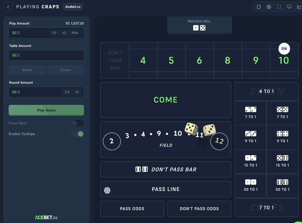 Acebet Craps showing a win as the user has a 10 match point, and then rolls a 10: paying out 2x the pass line bet