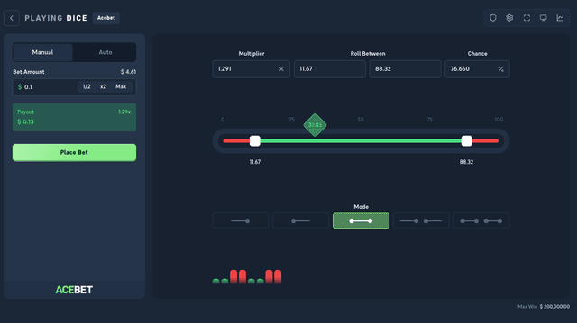 Acebet Dice after a roll: the result landed in the winning zone with the SC payout shown