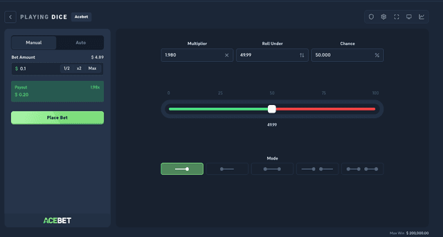 Acebet Dice Auto panel with Number of Bets, Stop on Profit, and Stop on Loss controls