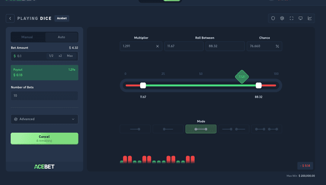 Acebet Dice manual panel: SC play amount with 1/2, x2 and Max shortcuts, plus the multiplier, roll under, and chance readouts