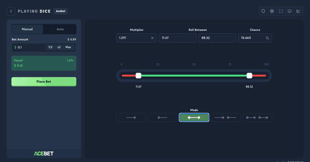Acebet Dice Mode buttons with the slider markers set to shape the winning zone and the multiplier updating live