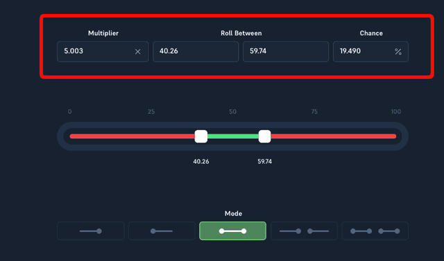 Acebet Dice panel showing multiplier, roll under target, and win chance side by side