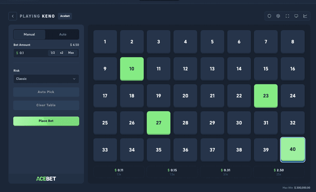 Acebet Keno with ten numbers picked on the 40-number board using Auto Pick, the Classic multiplier ladder running from 1x up to 100x along the bottom