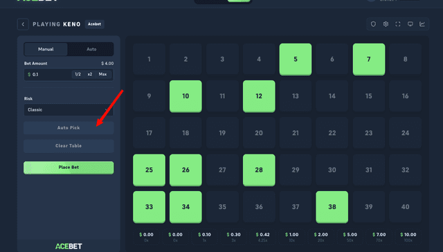 Acebet Keno draw resolving with matched numbers in green, missed numbers in red, and a 3.00x win on the board