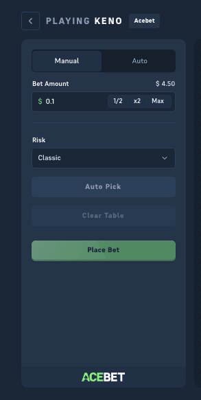Acebet Keno bet panel on Manual with the play amount and the 1/2, x2, and Max shortcuts, plus the risk selector, Auto Pick, and Clear Table