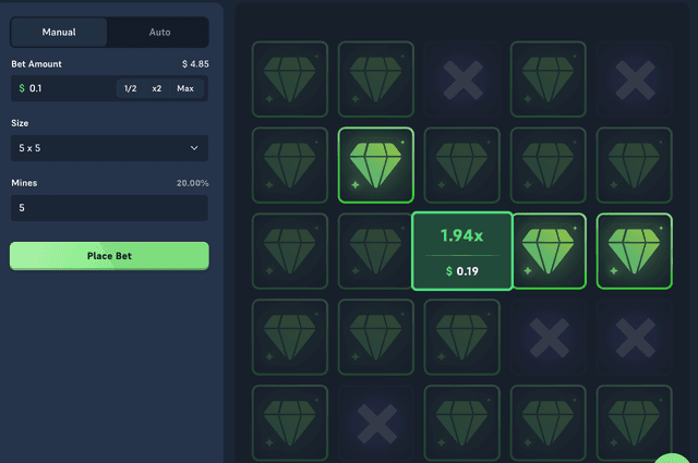 Acebet Mines cashout popup showing the round multiplier and SC payout