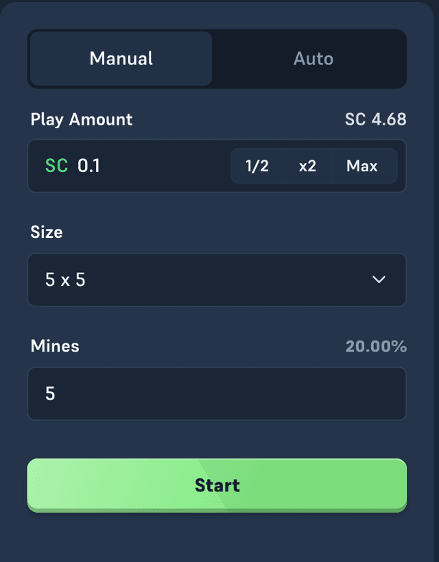 Acebet Mines manual mode panel: SC play amount with 1/2, x2 and Max shortcuts, plus size and mine count controls