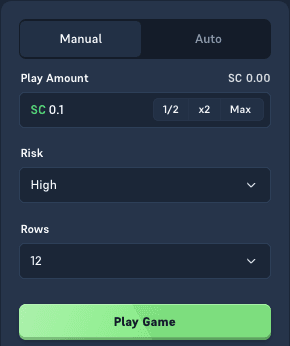 Acebet Plinko manual panel: SC play amount with 1/2, x2 and Max shortcuts, plus the risk and rows selectors