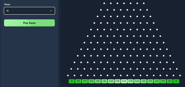 Acebet Plinko row selector showing 8 through 16 rows