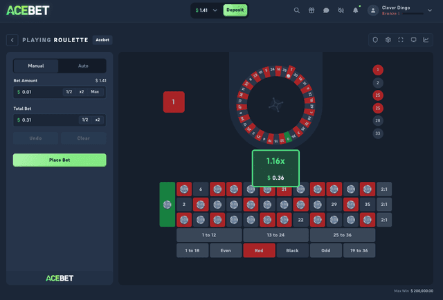 Acebet Social Casino Roulette after a spin showing a 1.16x win paying SC 0.36 and the recent numbers list on the right