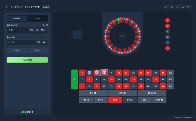 Acebet Social Casino Roulette bet panel on Manual with the play amount and the 1/2, x2, and Max shortcuts