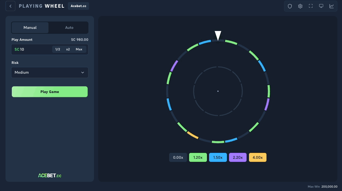 Acebet Wheel first spin landing on a 1.20x segment, paying SC 12.00 on a SC 10.00 bet, and opening the Spin and Cash Out buttons