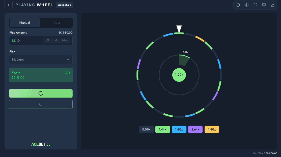 Acebet Wheel spinning again on a 1.20x stack and landing a grey 0.00x bar, ending the run with no payout