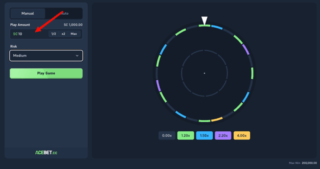 Acebet Wheel on Medium risk with the play amount set to SC 10 and the multiplier legend showing 0.00x, 1.20x, 1.50x, 2.20x, and 4.00x