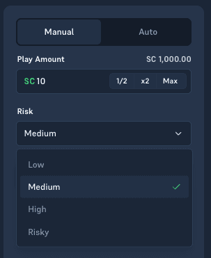 Acebet Wheel risk dropdown open on the four levels, Low, Medium, High, and Risky, with Medium selected
