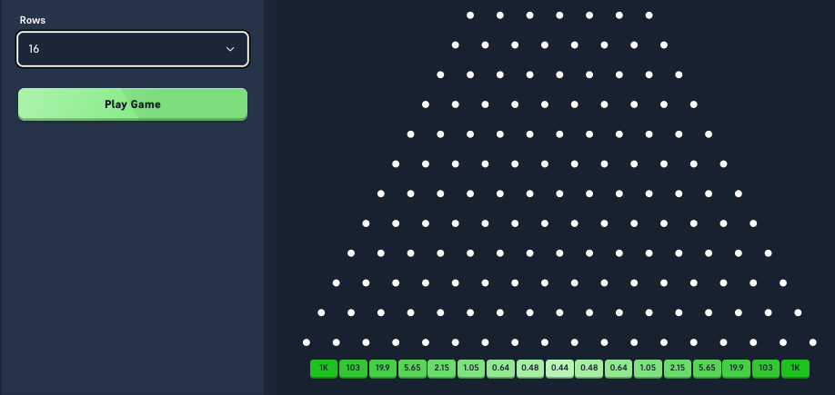 Acebet Plinko row selector showing 8 through 16 rows